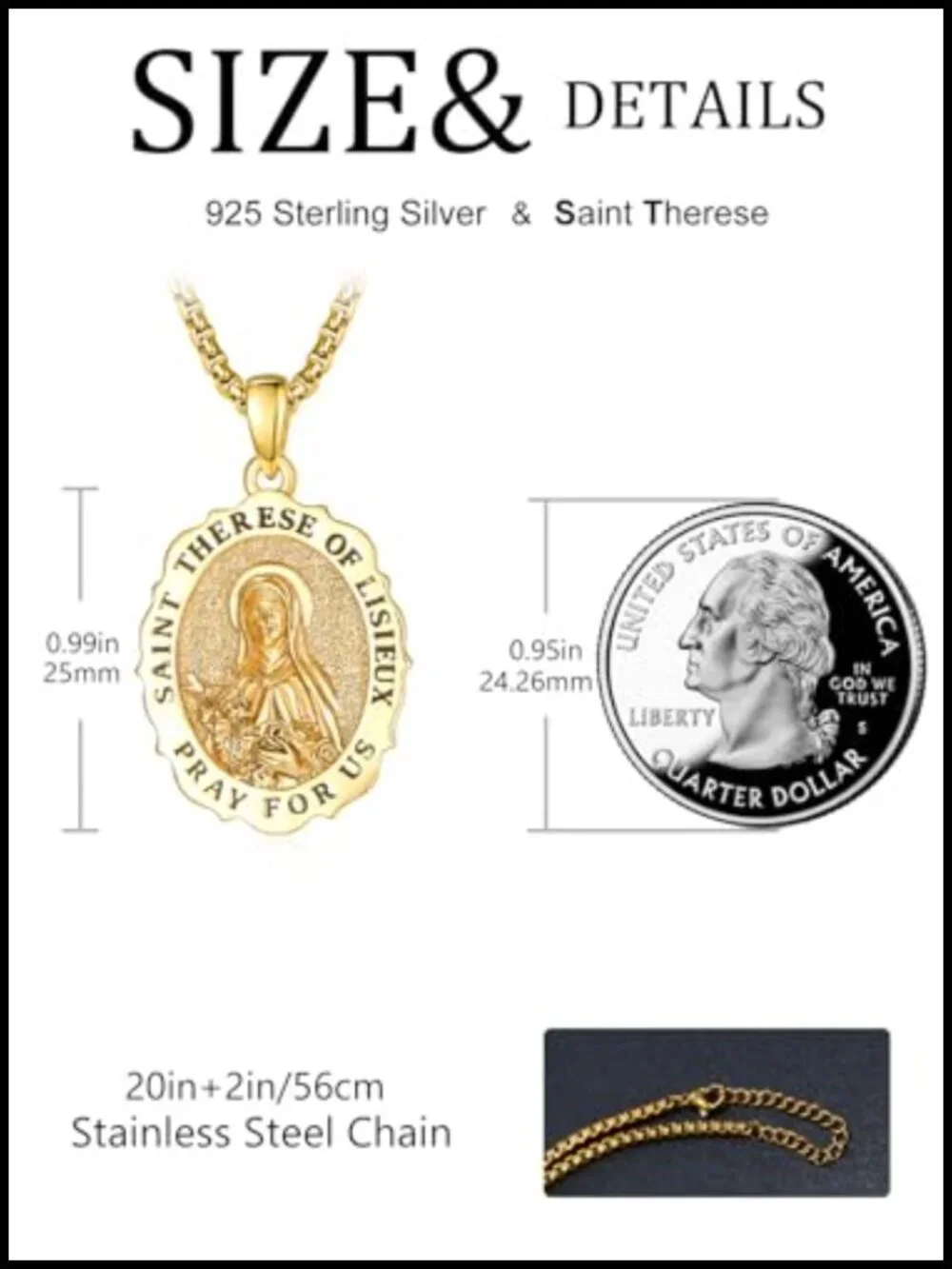 Saint Therese Medal Pendant Necklace 925 Sterling Silver 24K Gold Plated